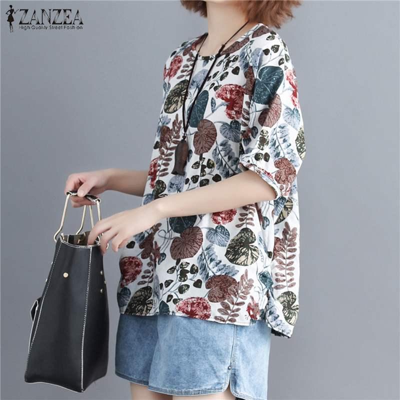 

Oversized Women' Printed Blouse 2021 ZANZEA Vintage Summer Tee Shirts Casual Short Sleeve Blusas Female O Neck Floral Tops 5XL, White