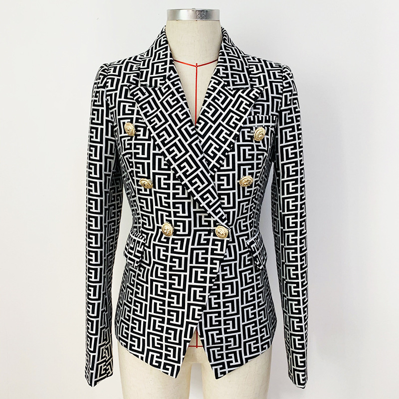 

Classic Style Top Quality Original Design Women's Double-Breasted Blazer Maze Pattern Slim Suit Jacket Metal Buckles Black Blazers Jacquard Coat Outwear, As picture