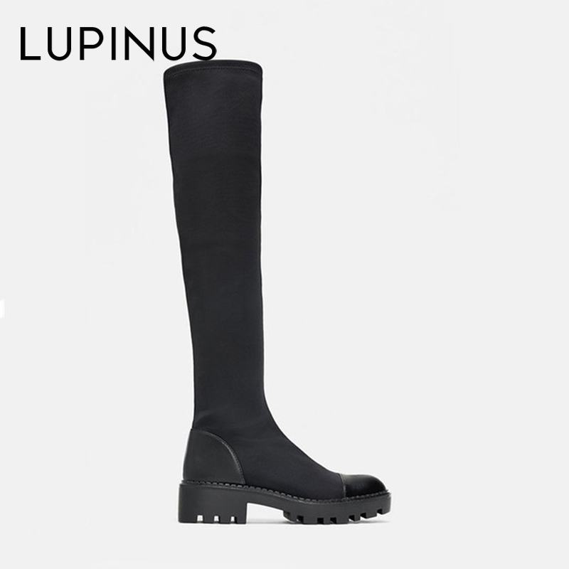 

LUPINUS Black Stretch Fabric Women Boots Chunky Platform Knee High Boots Riding Round Toe Knee High