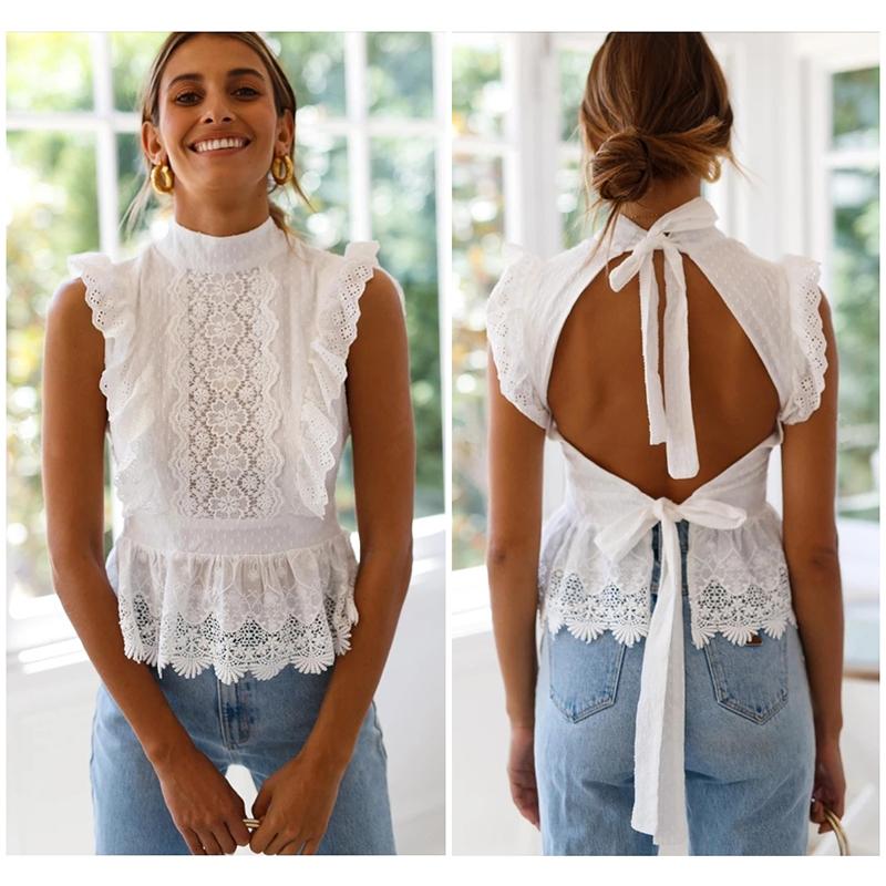 

Lace Sexy Hollow Out Office Shirt Solid Color 2021 Summer Sleeveless Backless Hollow Femme Blusas Chic Women Blouses Streetwear, As pic