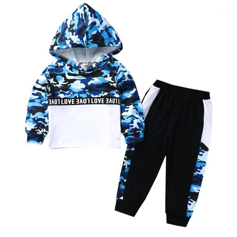 

KANCOOLD Boy Long Sleeve Camouflage Striped Edge Letter Print Hooded Sweater + Camouflage Striped Edge Trousers Two-Piece Suit1, Blue