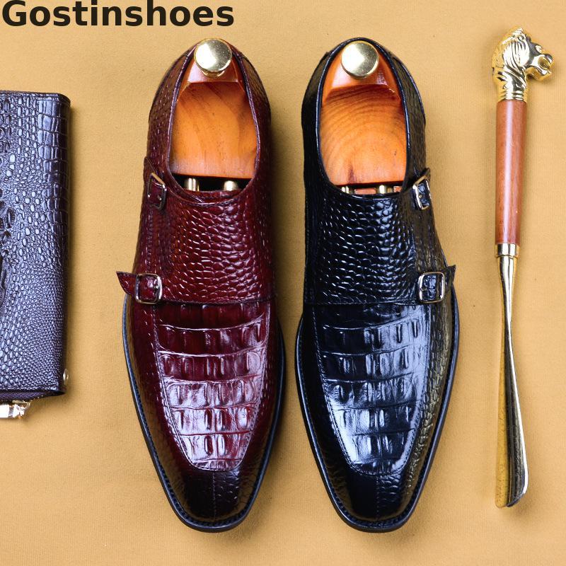 

Men Monk Strap Leather Shoes Black Brown Genuine Leather Crocodile Printed Dress Shoes Double Buckle Straps Formal Men
