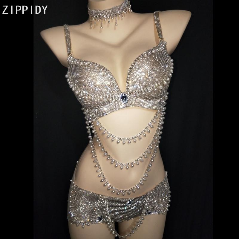 

Flashing Silver Stones Pearl Bra Short Set Bar Women Dance Show Bikini Wear Prom Party Costume Beaded Outfit Set