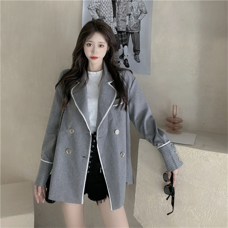 

2021 New Female Large Dimensions Korean Fall Fashion Double Striped Blazers Chic Gray High Street Autumn Jackets LWCB, Games