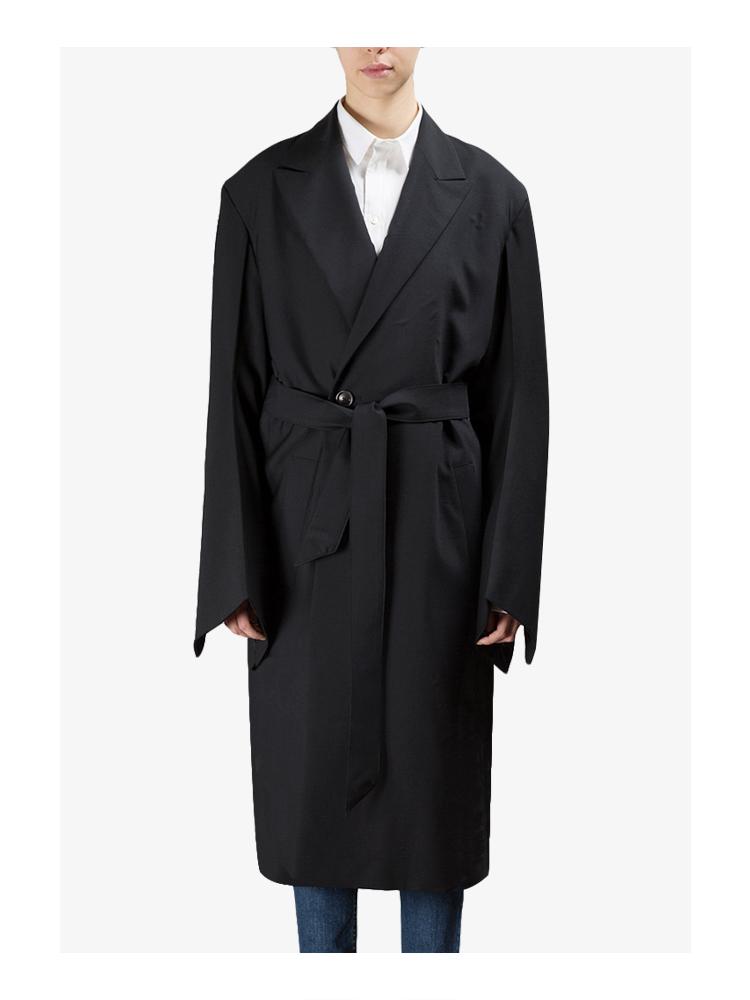 

Men and women loose waist big profile long black wool coat drop shoulder wide sleeve autumn and winter windbreaker