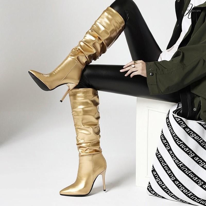 

Designer Winter Boots Women Knee High Boots Pleated Thin High Heel Pointed Toe Shoes Sexy Woman Gold Silver 20211