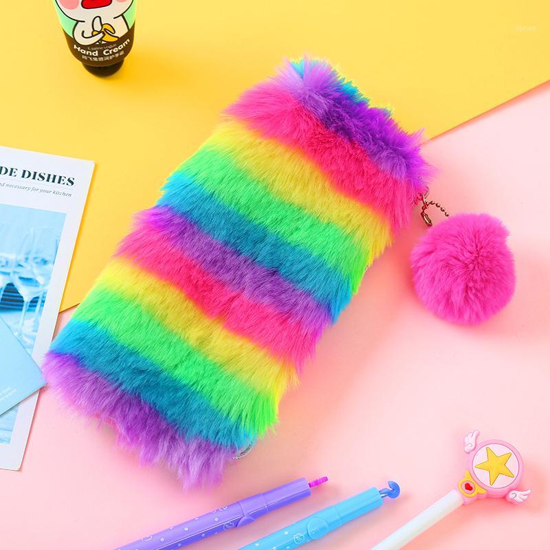 

Travel Velvet Cosmetic bags Rainbow Makeup Pouch Women Girls School Pen bag Fur Ball Storage Pompom Leather Mini Purse1