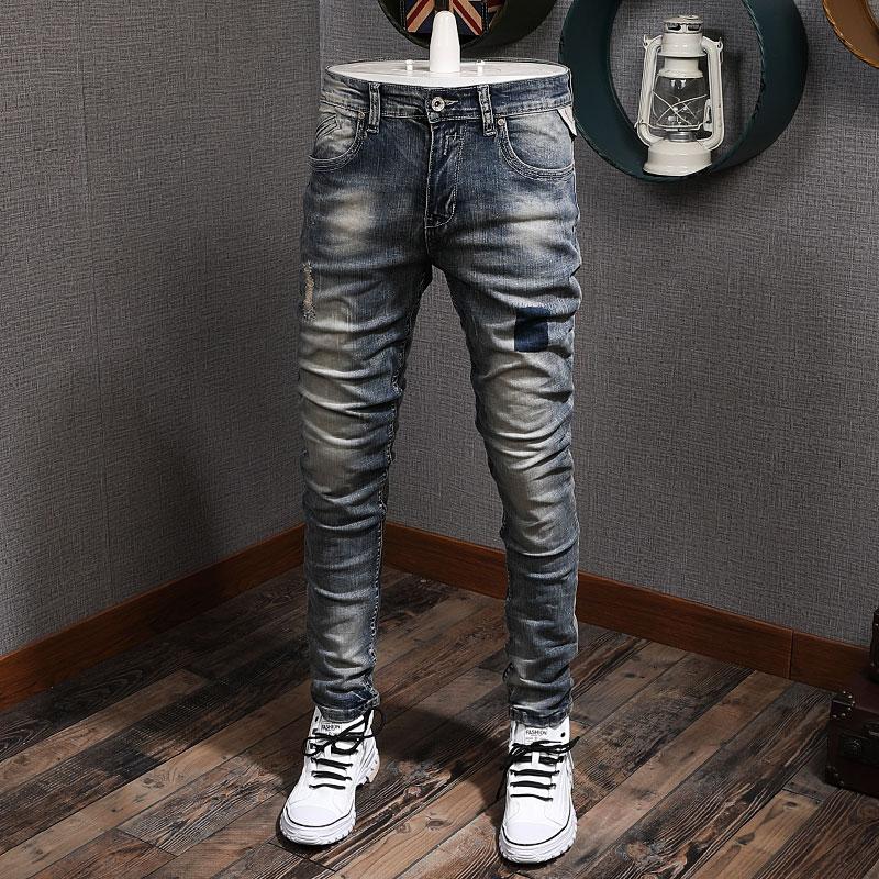 

Autumn Newly Fashion Men Jeans Retro Blue Wash Slim Fit Vintage Designer Denim Pants Homme Italian Style Elastic Ripped Trousers