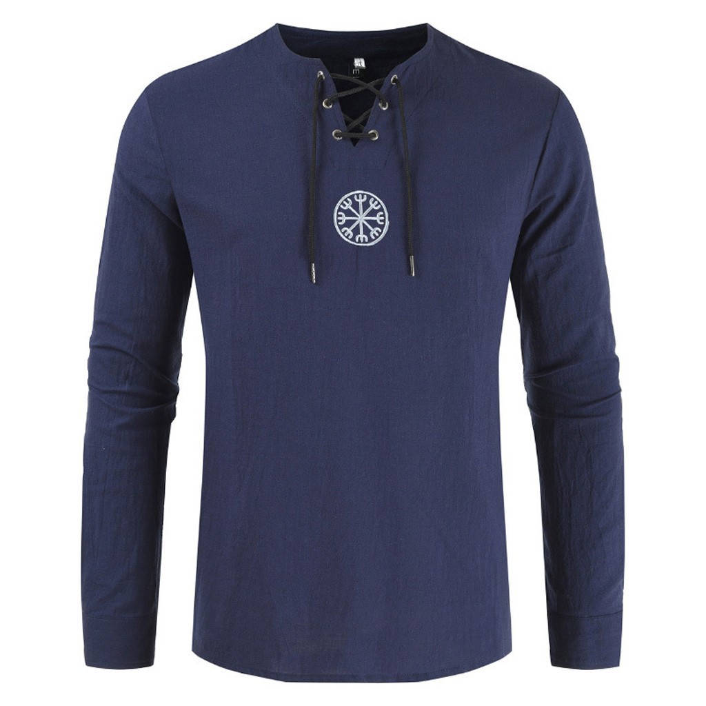 

Men's T shirt Drawsting Shirts Tops Blouses Fashion Cotton Linen Solid Medieval Retro Costume Long Sleeve Autumn Tops camisas 201203, Green