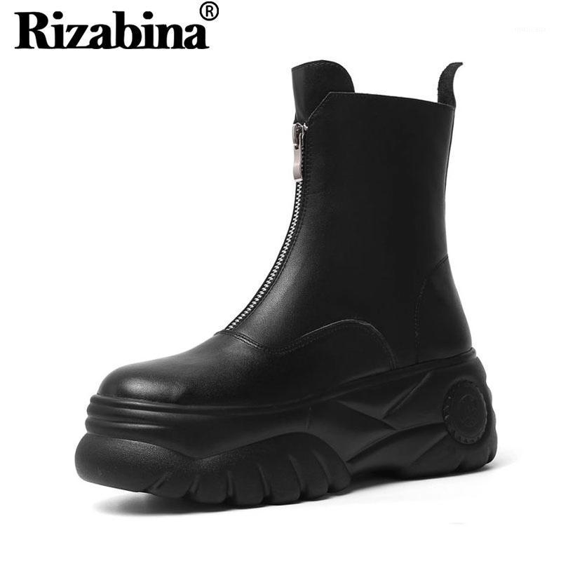 

RIZABINA Real Leather Ankle Boots Women Size 35-39 Metal Decoration Thick Bottom Platform Shoes Women Winter Zipper Boots1, Black
