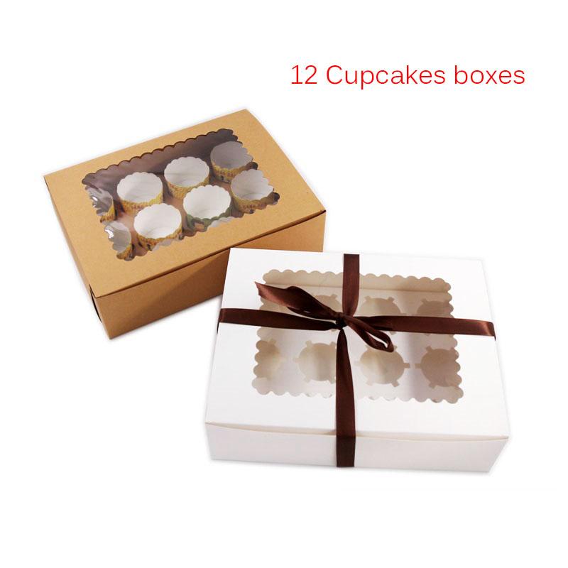 

4PCS Cupcake box with plastic clear window White Brown kraft paper Boxes Dessert Mousse box 12 Cup Cake Holders Christmas boxes