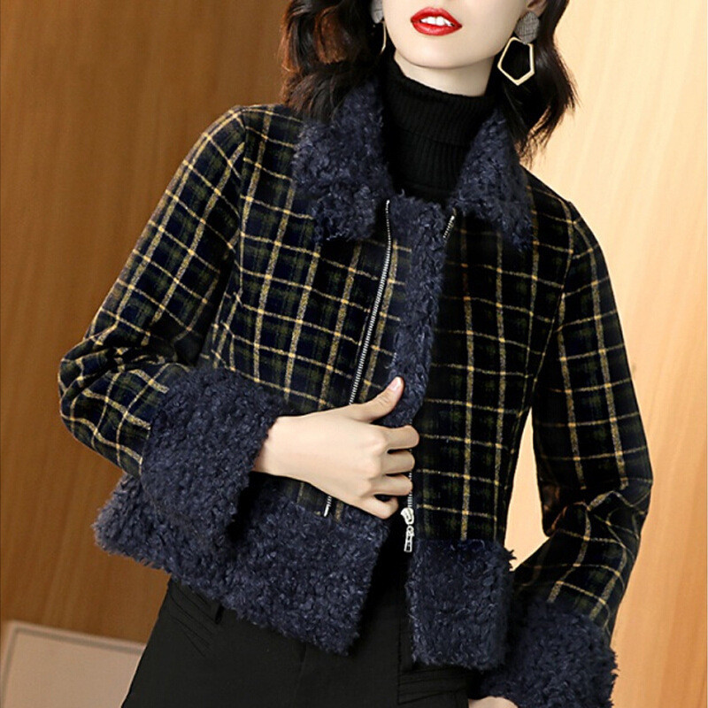 

2021 New Woolen Coat Autumn Winter Women's Plaid Fashion Warm Short Female Wool Overcoat Women British Style Jacket A43 Zwit, Lattice