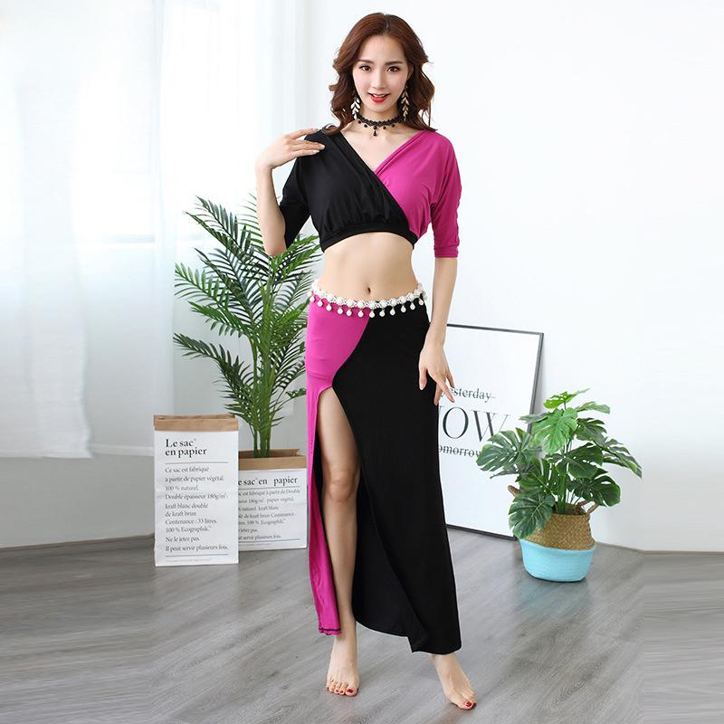 

2021 Belly Dance Wear Practice Costume 2 Pieces Belly Dance Top Skirt For Female Costume 2 pcs Stage Outfits Women, Black splice fuchsia