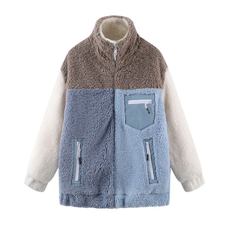 

2021 New Sweet Girls Patchwork Lambs Wool Jackets Snow Winter Fashion Ladies Thick Warm Coats Vintage Women Bomb Outerwear Chic Cute U4vd, Blue-gray