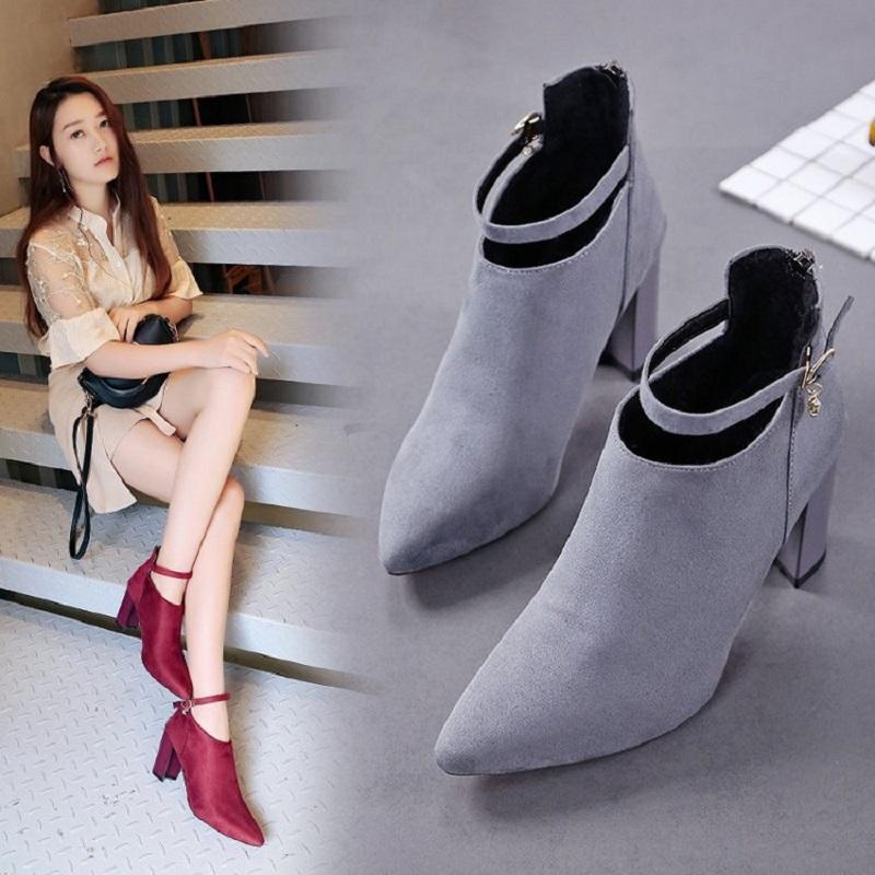 

Plus Size Boots Women's European And American Pointed Suede Thick Heel Nude Zipper Fashion High Shoes Dress, Black