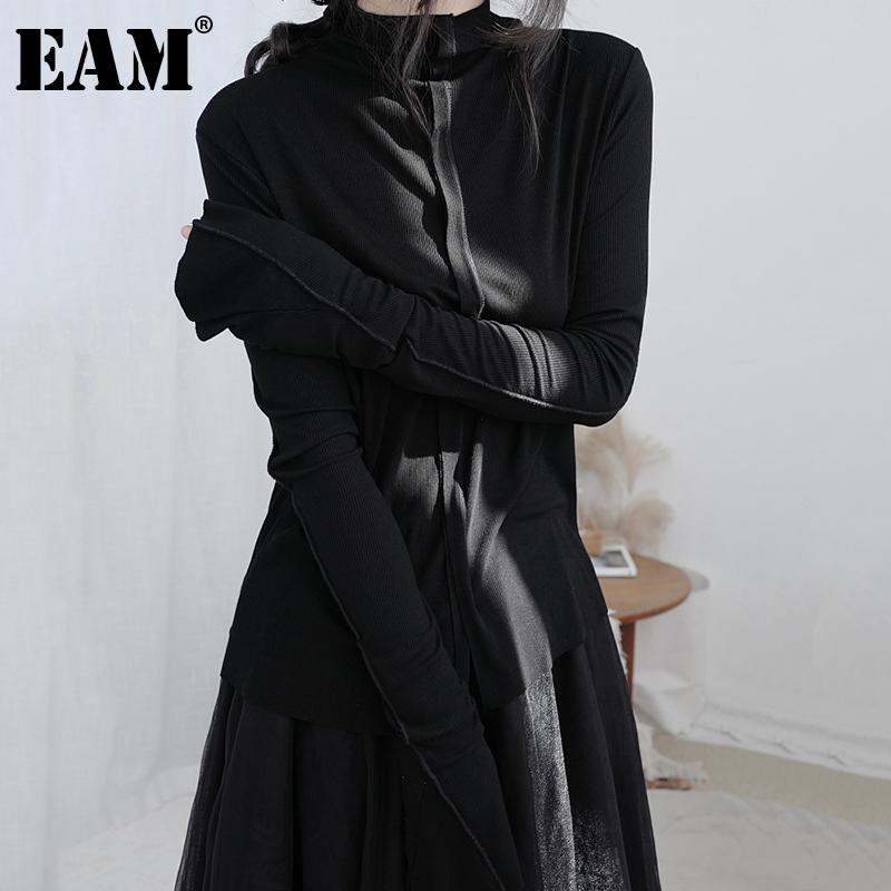 

EAM] Women Black brief Split Joint Temperament T-shirt New Turtleneck Long Sleeve Fashion Tide Spring Autumn 2020 1DB367