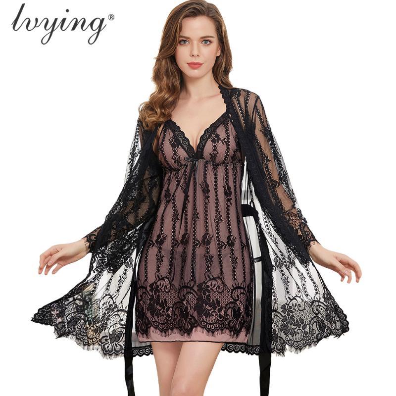 

New Women Pajama Sets Female Bathrobe Sexy Lace Night Dress Sleepwear Robe Sets Night Gown Lingerie Nightwear Lounge Set Nighty, Shrimp red