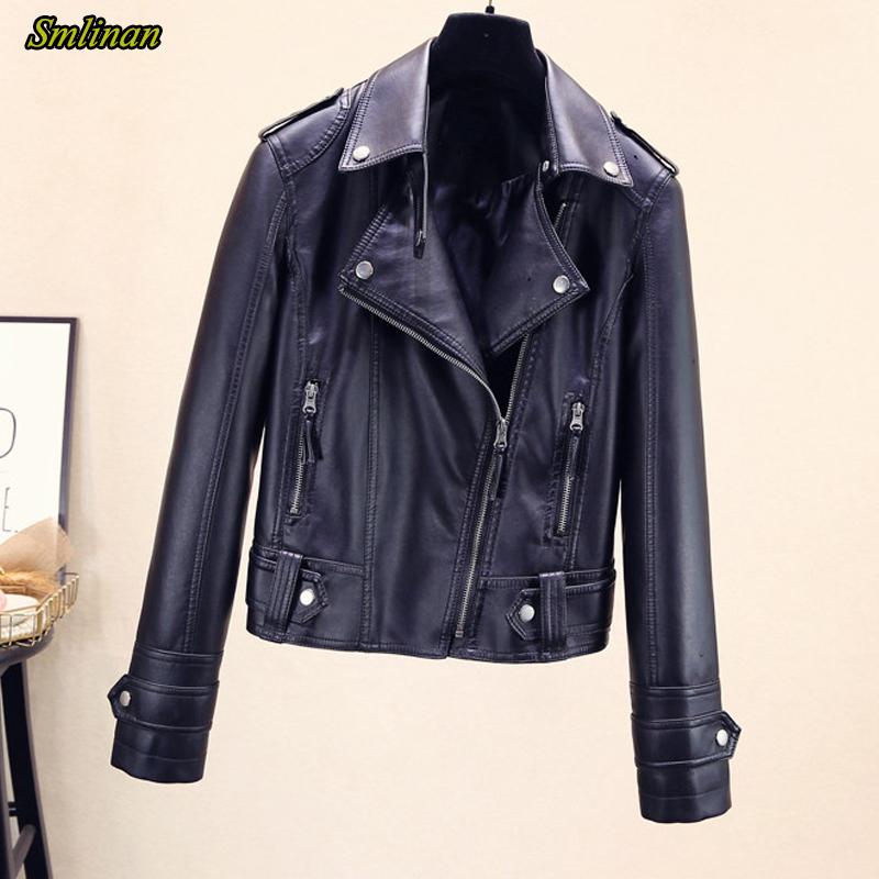 

Smlinan Women Faux Pu Motorcycle Leather Jacket Turn-down Collar Zipper Black Streetwear Biker Coat Female Leather Clothes, Beige