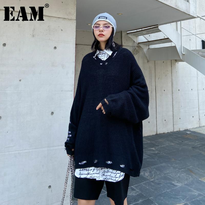 

EAM] Black Letter Big Size Knitting Sweater Loose V-Neck Long Sleeve Women Pullovers New Fashion Autumn Winter 2020 1DB872