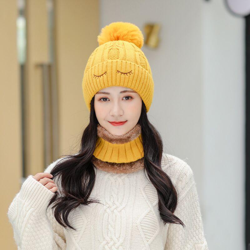 

New Winter Women's Velvet Wool Hats Solid Color Fur Pompom Hat Beanies Skullies Girls Lovely Thick Warm Knitted Hat Scarf Sets, Yellow