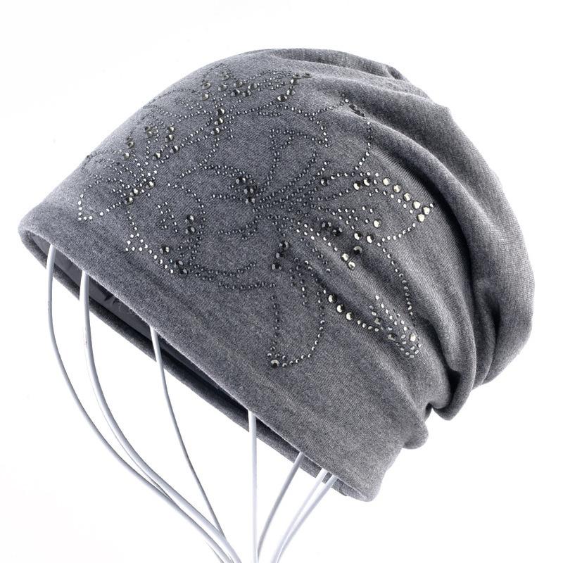 

Female Beanie Bonnet Autumn And Winter Caps Hip-hop Cap Flower Rhinestone Hats For Women Beanies, White
