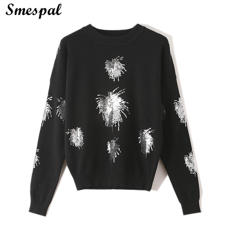 

Women Autumn Winter Knit Sweaters In Sequins Embroidery Details, Black