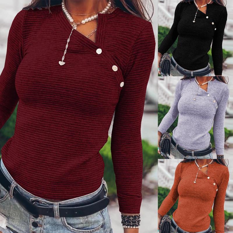 

Women's T-Shirt 2022 T Shirt Autumn Winter Women Fashion Slant Collar Stripes Buttons Pullover Female Top Basic Blouse, White