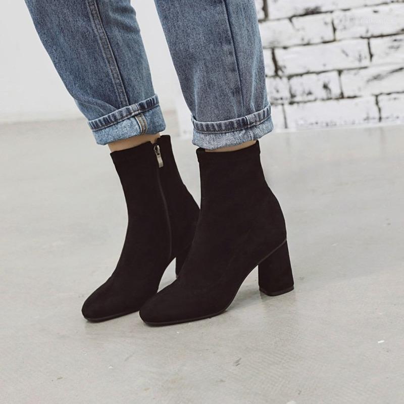 

2020 winter new stretch fabric woman booties block high heel boots for women solid color red ankle boots big size 33-481, Beige