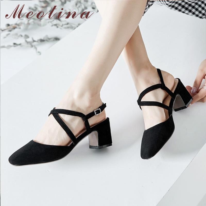 

Meotina Women Pumps High Heels Cross-tied Thick High Heels Shoes Buckle Square Toe Party Shoes Ladies Spring Pink Big Size 33-43, Black