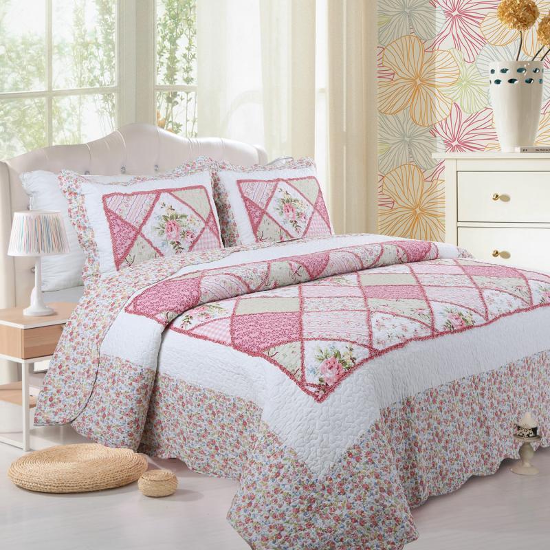 

3Pieces Pink Rose Patchwork Bedspread Bedcover Pillow shams 100% Cotton Rich Bed Throw Sofa cover Reversible Coverlet Ultra Soft1