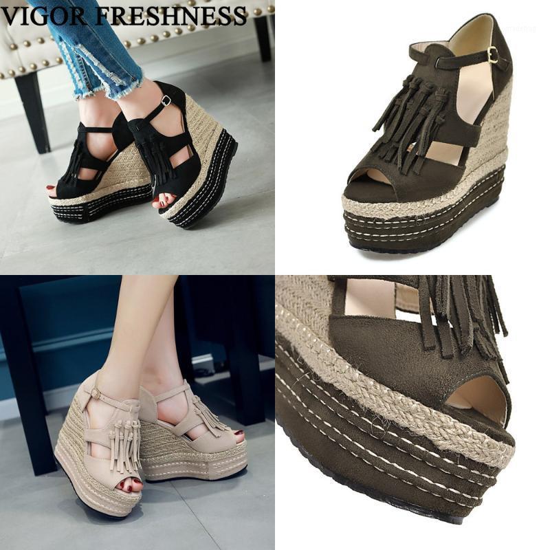 

VIGOR FRESHNESS Women Sandals Wedges Heels 13CM Woman Shoes Platform Lady Dress Shoes Summer Sandals Tassel MY4301, Beige