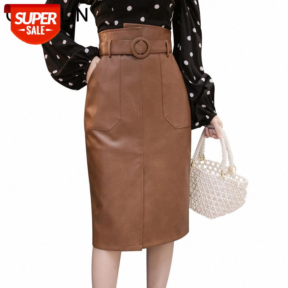 

Womens PU Leather Skirts Plus Size Womens Chic High Waist Split Skirts Female Back Zipper Belt Black Faux Leather Saia Pocket #DJ0A, White;black