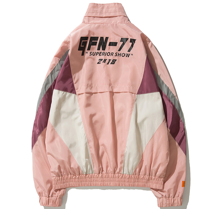 

2021 New Hip Hop Overcoats Men Jackets Vintage Color Block Windbreaker Zip Up Casual Streetwear Jacket Nc14 Ws04, Pink
