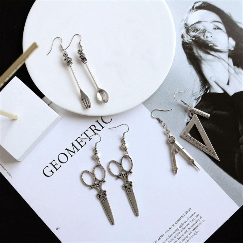 

Punk Geometric Fork Triangle Drop Earrings for Women Gothic Irregular Spoon Ruler Scissors Pendant Earrings Female Jewelry