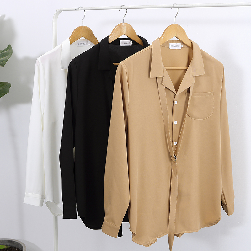 

2021 New Spring South Korean Autumn Solid Color of Men with Long Sleeves Young Shirt Couple Loose Shirt. 5SIO, Black