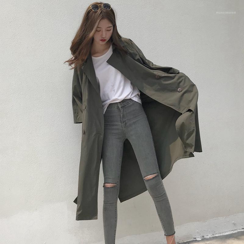 

Camisetas Mujer 2020 Spring Autumn Korean Vintage Loose Lace Up Three Quarter Long Jacket Coat Sobretudo Feminino Streetwear1, Black