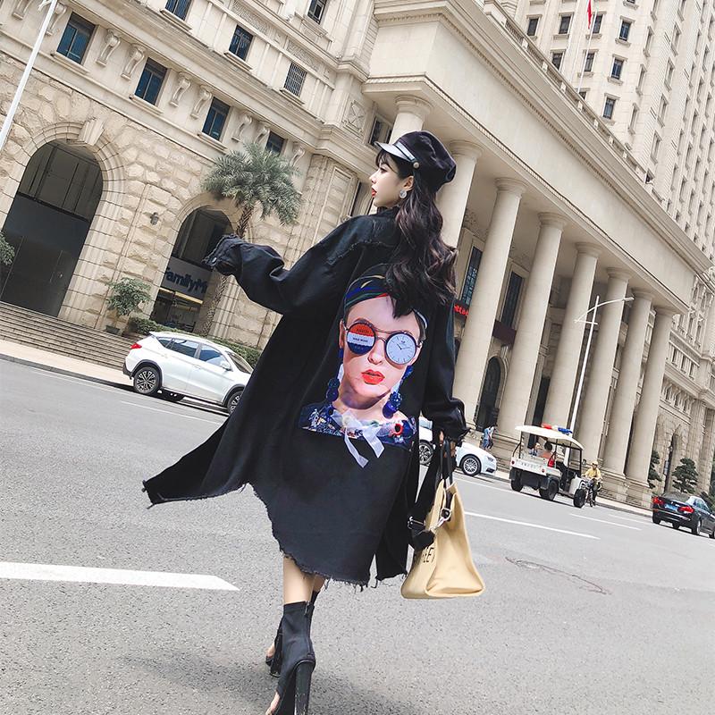 

2020 Elegant Hooded Single Breasted Cowboy Jeans Jacket Women Long Sleeve Bomber Jackets Casual Spring Black Long Denim Jackets, Picture color