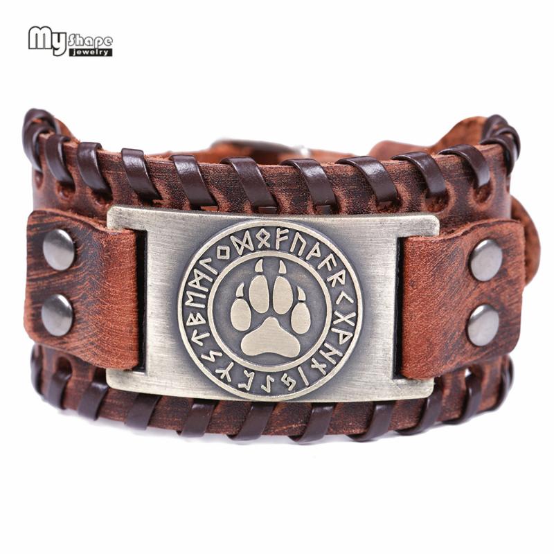 

My Shape Bear Handmade Braided Genuine Leather Strap Wolf Viking Bracelets Bangles Nordic Runes Wristbands Odin Symbol