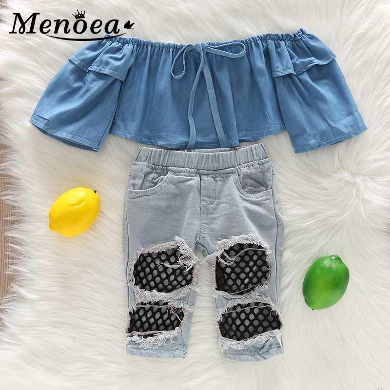 

Menoea 1-5Y Baby Girls Clothes Sets Summer Fashion Tops and Fishnet Ripped Denim Pant Jeans Girl Kids Clothes Children Clothing1, Ah499 blue