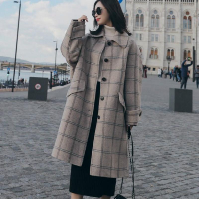 

2021 new mid-length and small temperament thick woolen coat for autumn and winter plaid woolen fashion coat long women trendy, Photo color