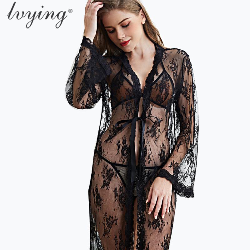 

Sexy Lace Bathrobe Female Lingerie Robe Set Women Pyjamas Bra Set Night Dress Sleepwear Bath Robe Nightwear Nightgown Nighty, Black