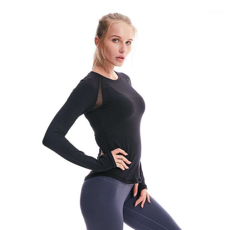 

Yoga T-Shirt o Neck Long-Sleeved Women Mesh Stitching Preppy High Elastic Tight Running Fitness Workout Clothes Sportswear1, Black