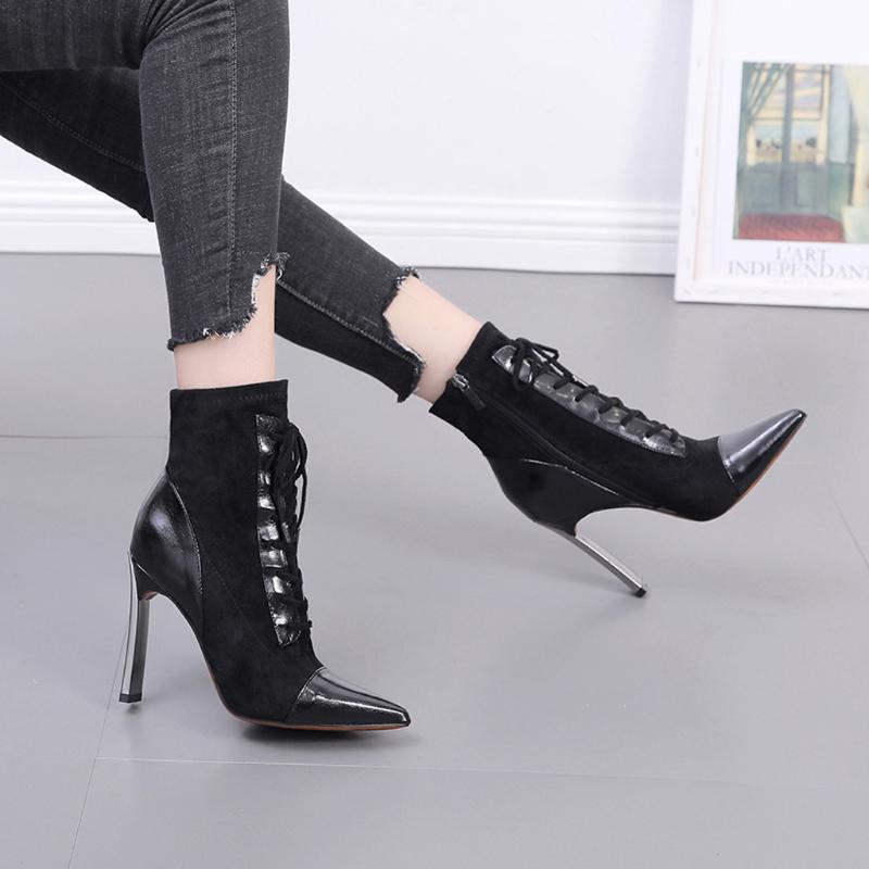 

Sexy High Heels Women boots Suede Leather Pointed toe Stiletto Side Zipper Cross Lace-Up Short Boots European Ladies shoes, Black