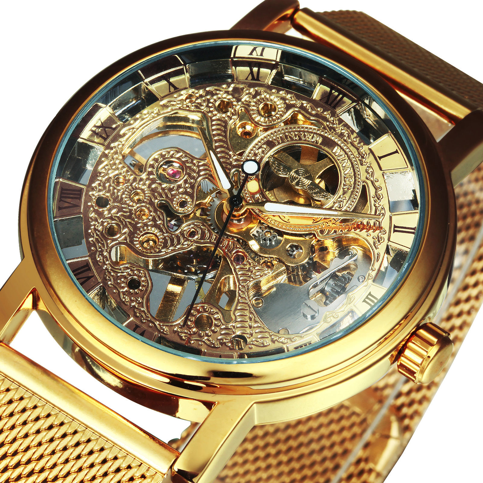 

WINNER Official Automatic Watches Ultra Thin Golden Mesh Strap Top Brand Luxury Classic Skeleton Mechanical Unisex Wristwatch 201123, All silver.