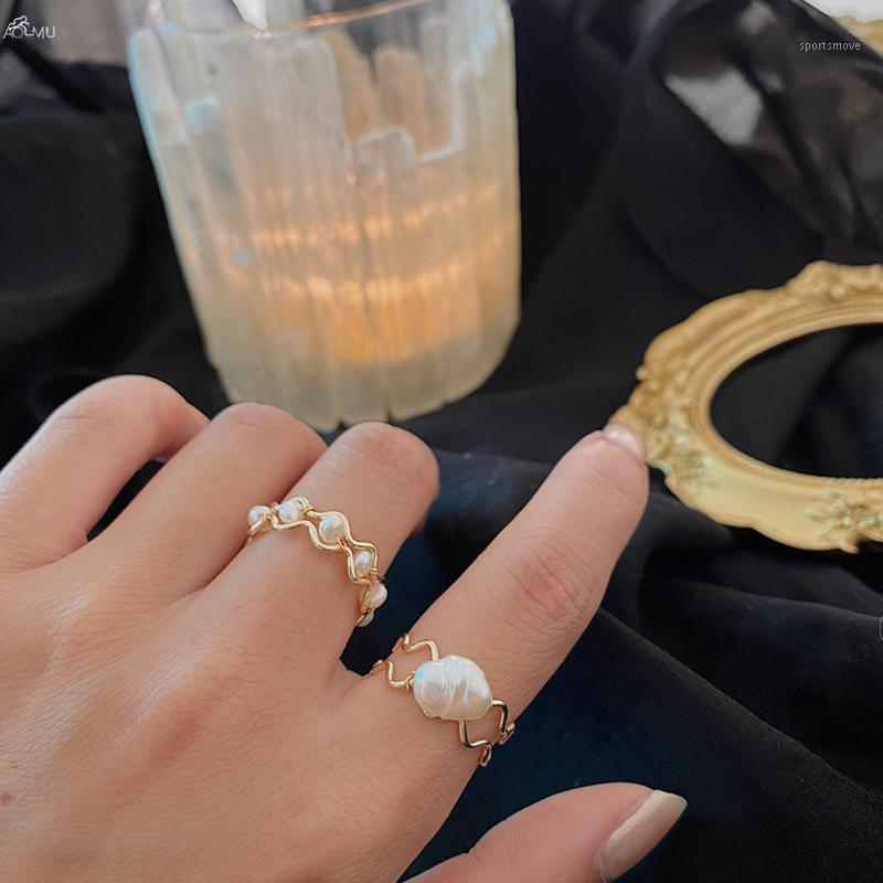 

AOMU 2020 New Chic Geometric Braided Natural Baroque Pearl Metal Open Rings for Women Gold Color Ring Jewelry1