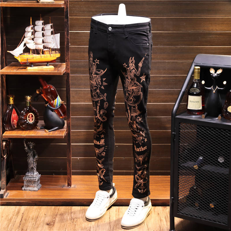 

2020 Gold Locksmith Black Printing Vintage Fit Denim Hombre Social Club Jeans Jean Skinny Men's Pants 1pf5