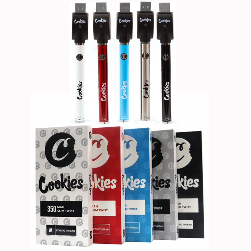 

Cookies SF Slim Battery 350mAh Bottom Twist 3.3-4.8V Preheat VV Cartridge California Vape Box Pen for 510 Thread eGo Carts