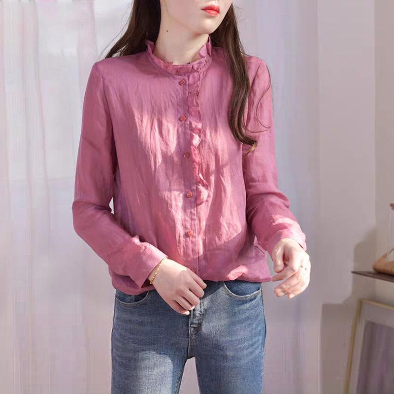 

Button Up Women Shirts Long sleeve Pink Ruffle Top Vintage Blouse Plus size Clothing For Women Cotton Linen Ladies Casual Shirt, As pic