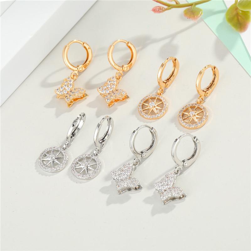 

1pair Women Fashion Butterfly Round Hexagram Zircon Earrings Women Shiny Hollow Small Dangle Earring Elegant Jewelry