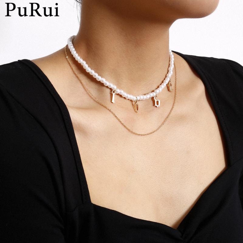 

Layered Simulated Pearl Choker Necklace Collar Statement Love Letter Gold Color Pendant Necklace for Women Girls Jewelry